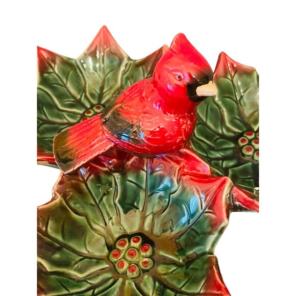 Cardinal Christmas Serving Dish Holly Leaf Relish Tray Candy Nuts Vintage - Picture 2 of 10